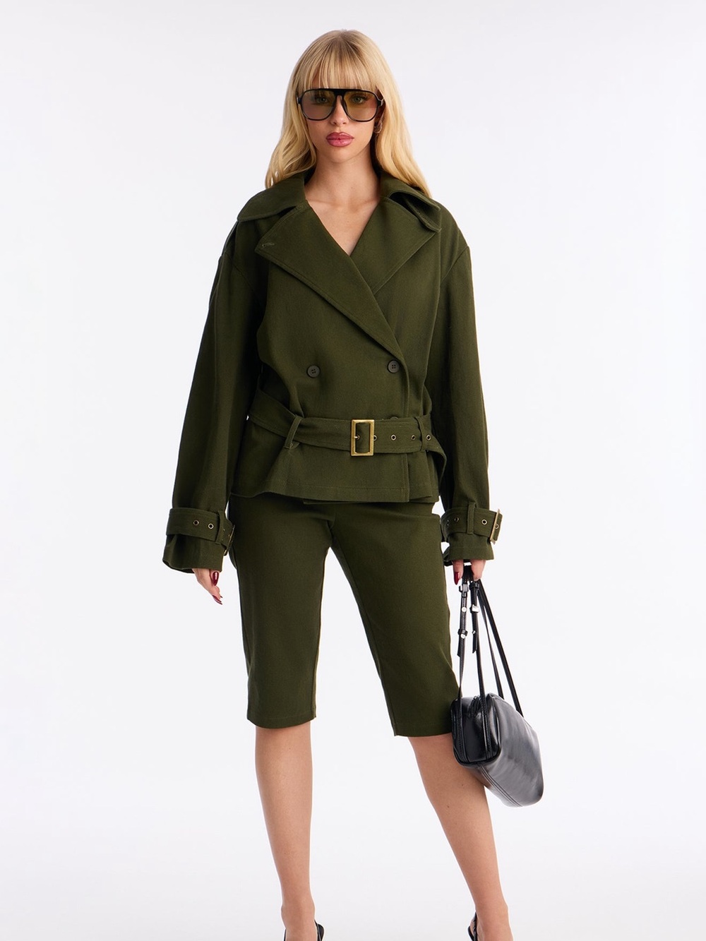Fashion Nova Olive Green Double-Breasted Pantsuit with Belt ULTRA CHIC!